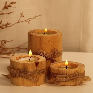 Rustic Wooden Tealight Candle Holders – Set of 3